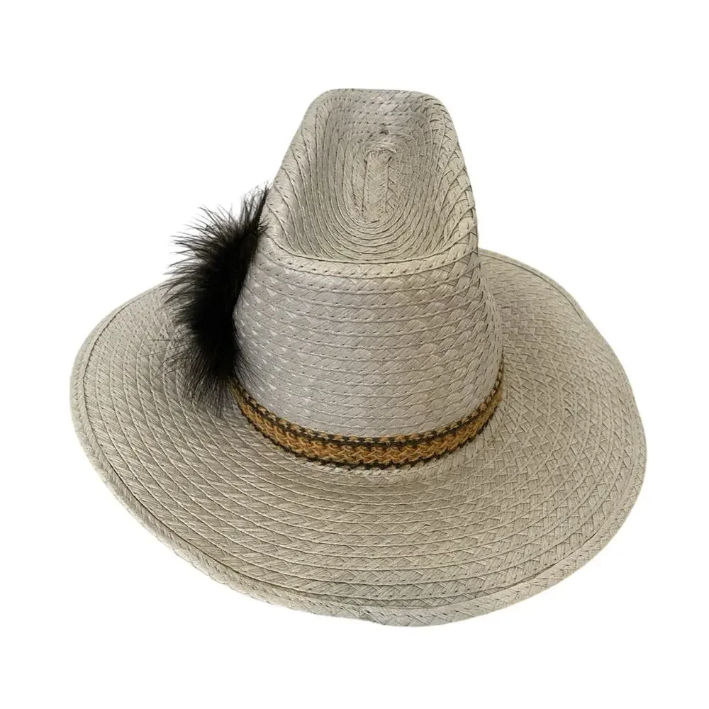 Western Straw Cowboy Hat Sz 6 7/8 Feather Hatband Country Ranch‎ Apache